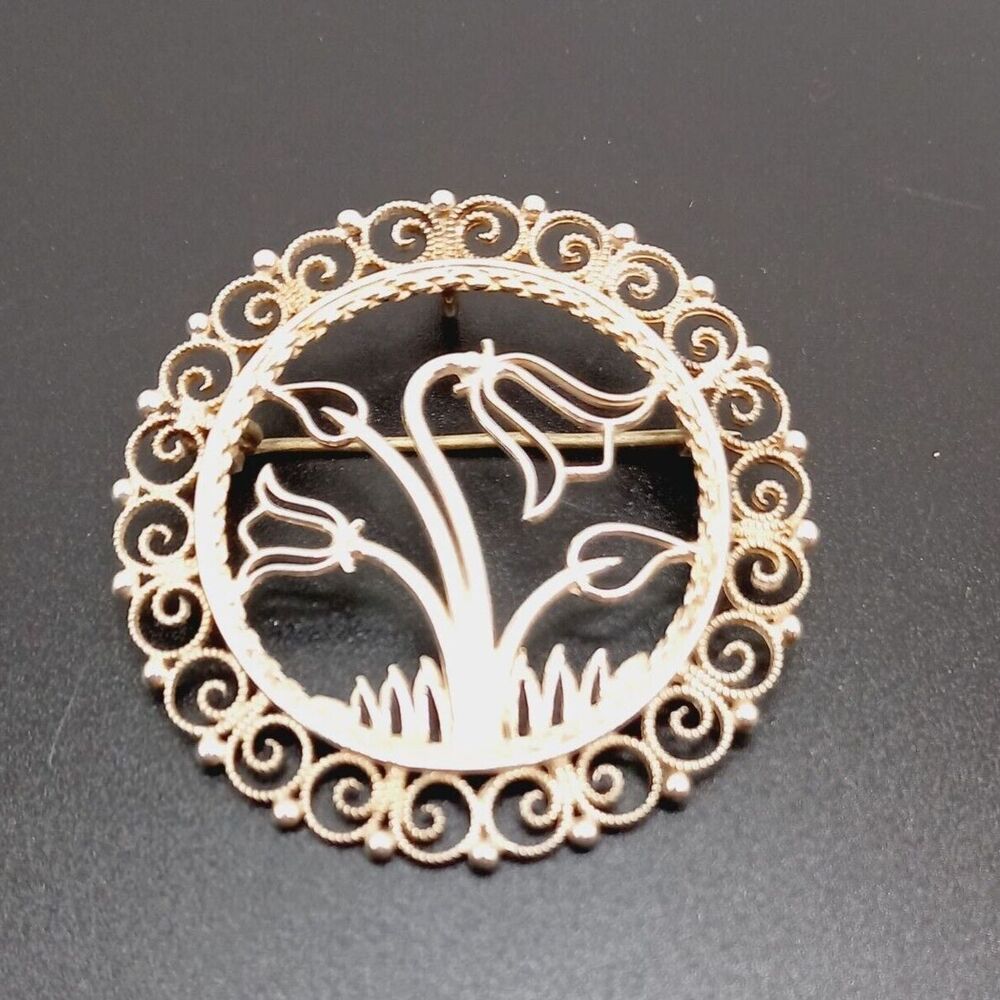 Vintage Scandinavian SYLVSMIDJA 830 Silver Filigree Tulip Flower Brooch Pendant